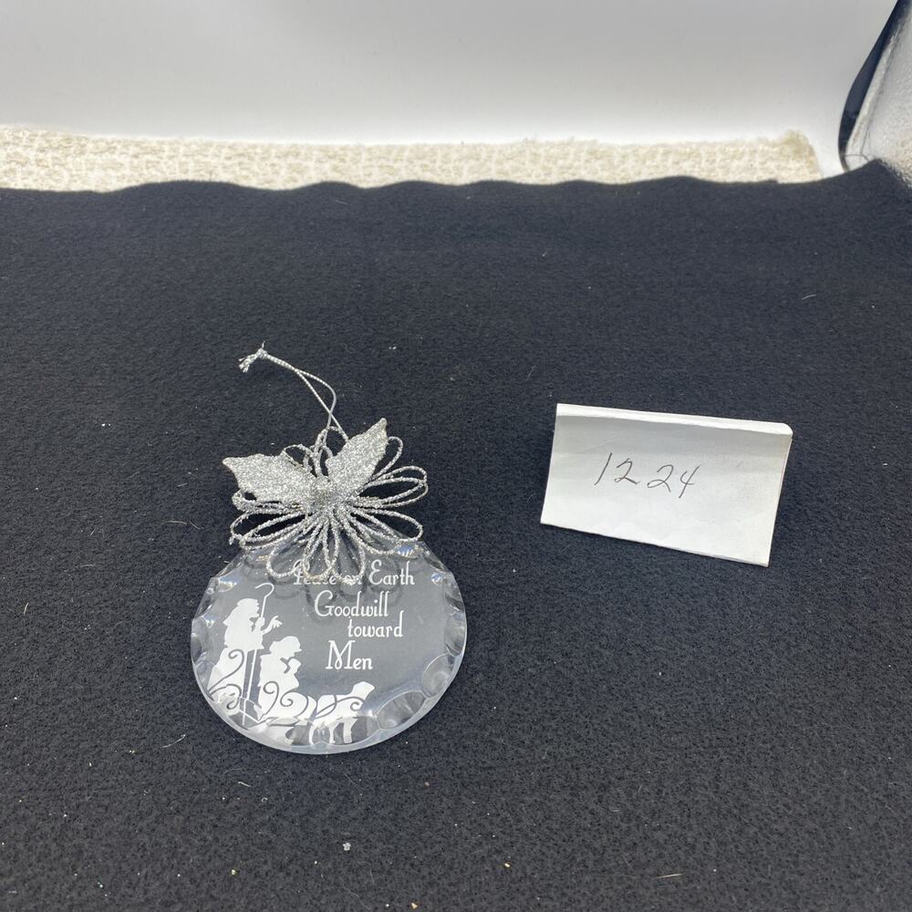 Acrylic Ornament With Silver Glitter Snowflake W/Holly & Berry Peace On Earth Go